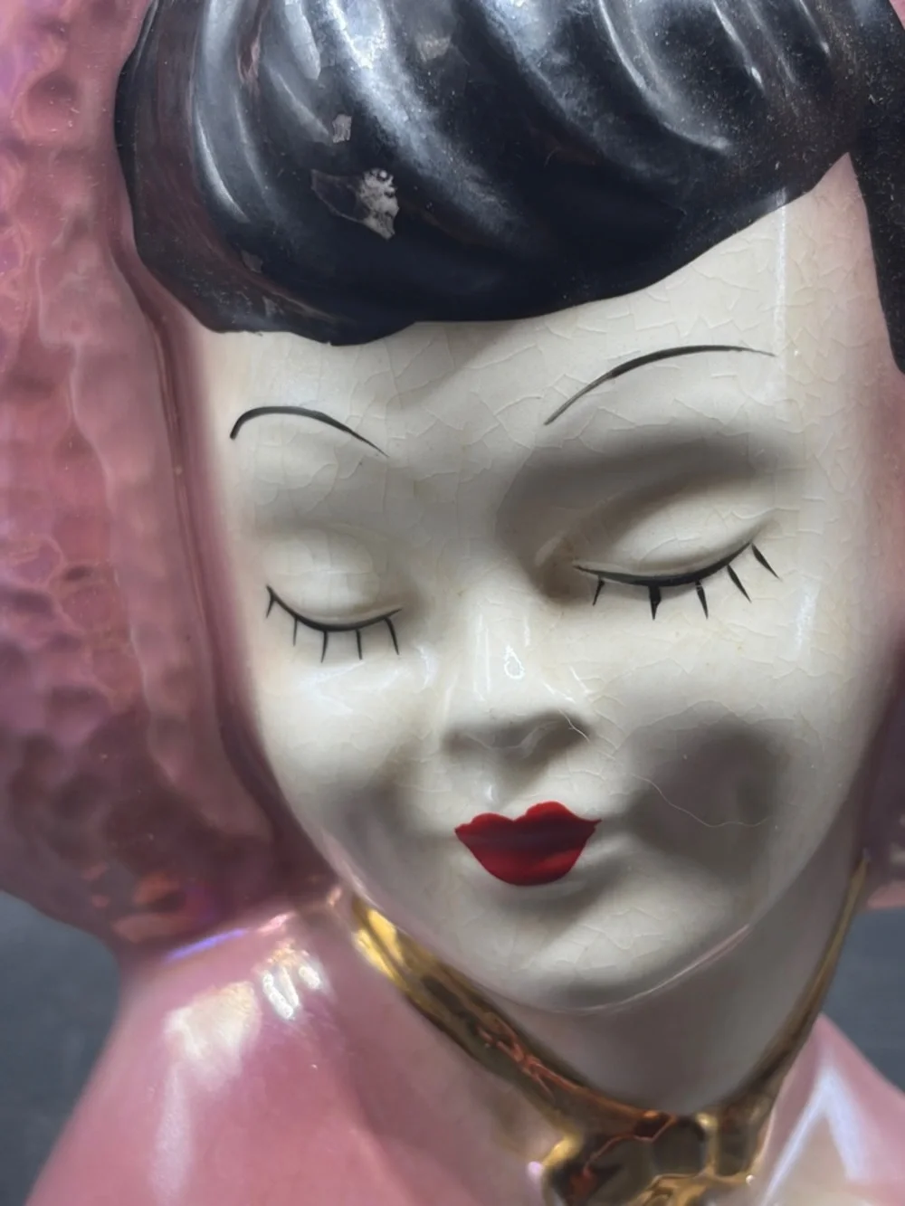Vintage MCM Hand Painted Lusterware Pink Hat Lady Head Vase Ceramic Wall Pocket